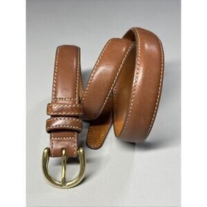 VTG LL Bean Leather Belt Mens 28 Brown Contrast Stitch Brass Buckle 1" Classic